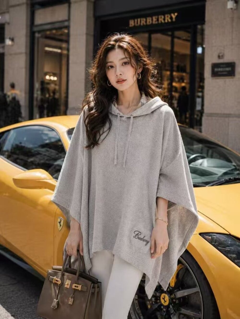 Burberry cotton hooded cape grey with check print - Picture 9 of 9